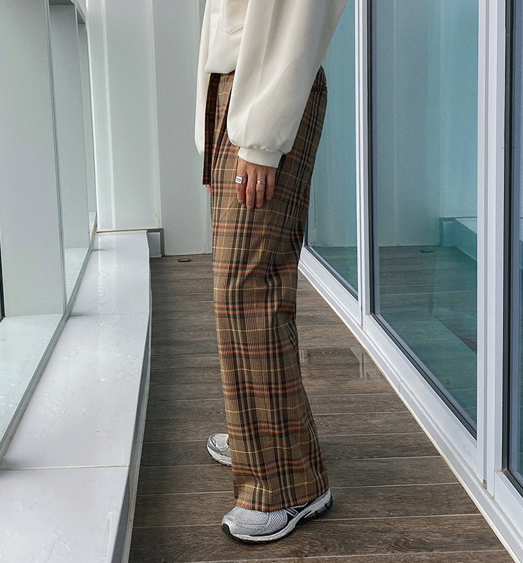 RT No. 4197 BROWN PLAID WIDE STRAIGHT PANTS