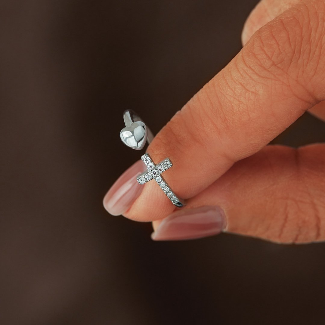 Cubic Zirconia Cross & Heart Ring