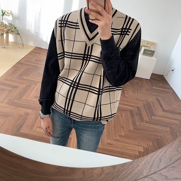 RT No. 3170 KNITTED PLAID V-NECK VEST