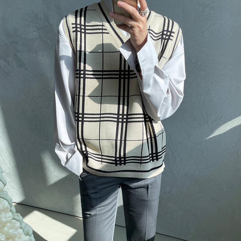 RT No. 3170 KNITTED PLAID V-NECK VEST