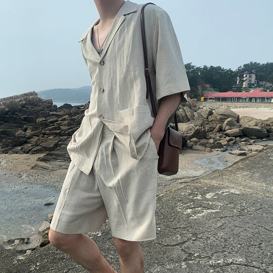 RT No. 1532 LINEN V-NECK SHIRT AND SHORTS SET