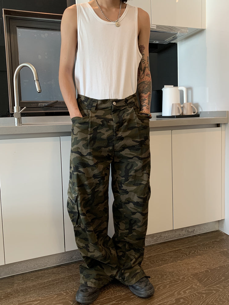 RT No. 5422 GREEN CAMO CASUAL STRAIGHT WIDE PANTS