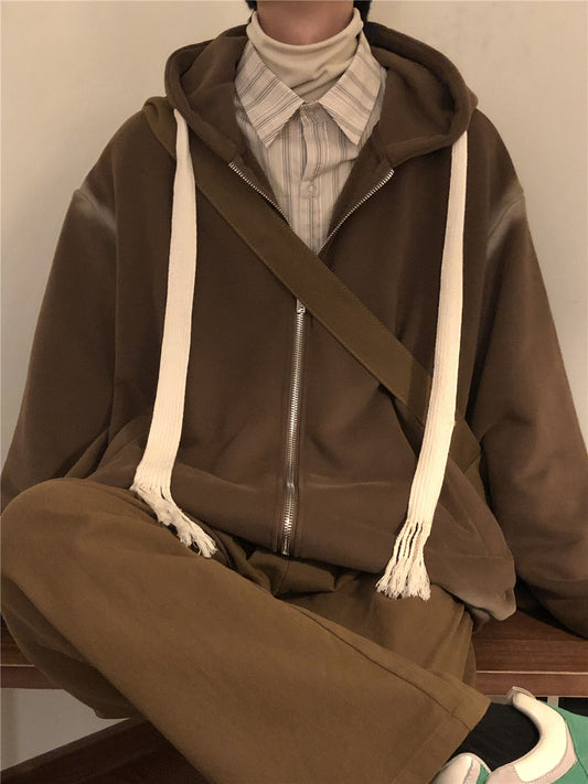 RT No. 3392 BROWN DRAWSTRING ZIP-UP HOODIE