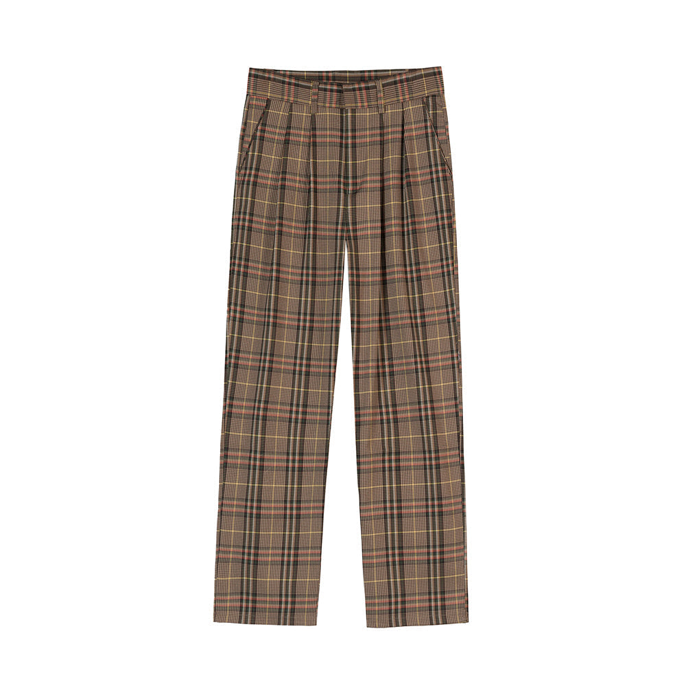 RT No. 4197 BROWN PLAID WIDE STRAIGHT PANTS
