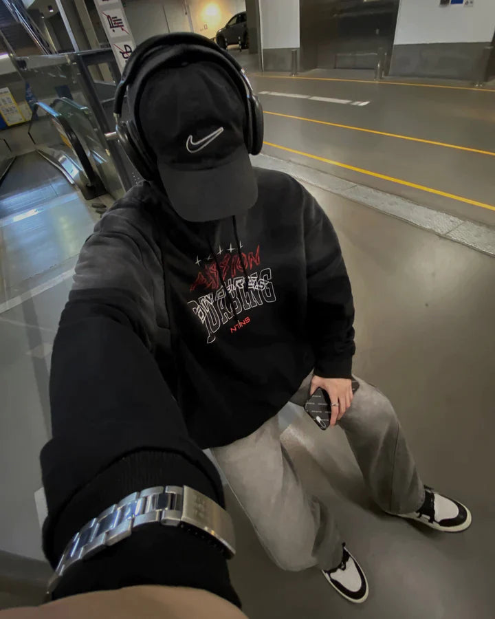 RT No. 5524 WASHED BLACK GRAPHIC LETTERED HOODIE