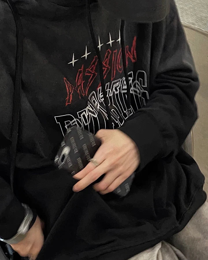RT No. 5524 WASHED BLACK GRAPHIC LETTERED HOODIE